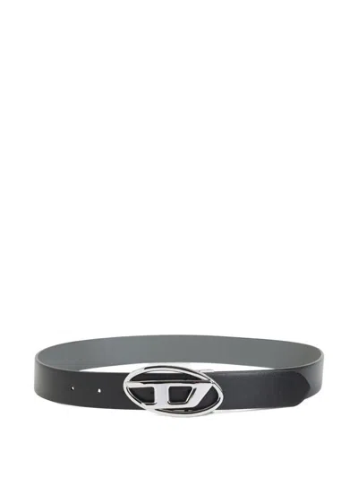 Diesel Black Leather Belt With Oval Logo Buckle