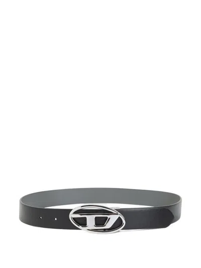 Diesel Black Leather Belt With Oval Logo Buckle