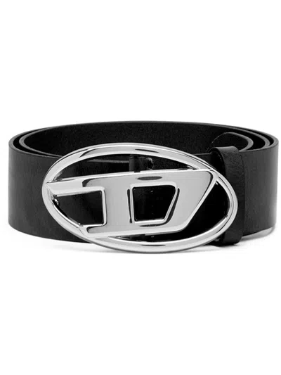 Diesel Black Leather Logo Buckle Belt In Gray