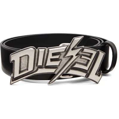 Diesel Black Lightning Bolt Buckle Leather Belt In T8013