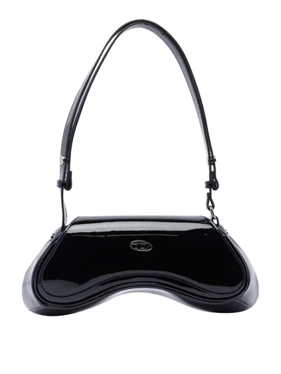 Diesel Curved Black Play Clutch With Glossy Finish And Magnetic Closure