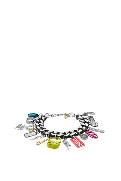 Diesel Black Stainless Steel Charm Chain Bracelet In Multicolor