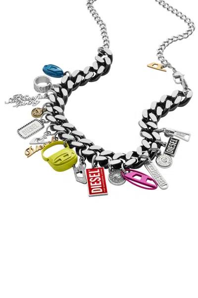 Diesel Black Stainless Steel Charm Chain Necklace In Multicolor