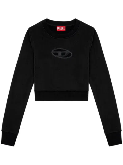 Diesel Black Logo Cropped Cotton Blend Crewneck