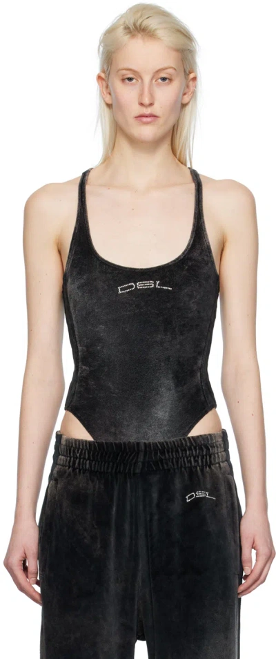 Diesel Chenille Bodysuit With Crystal Logo In Black