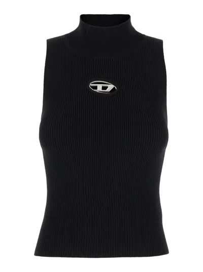 Diesel Black Tank Top With D Logo Cut-out In Ribbed Jersey Woman