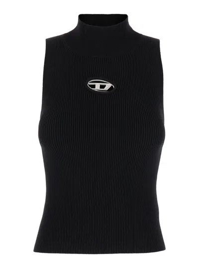 DIESEL DIESEL WOMEN BLACK TANK TOP WITH D LOGO CUT-OUT IN RIBBED JERSEY WOMAN