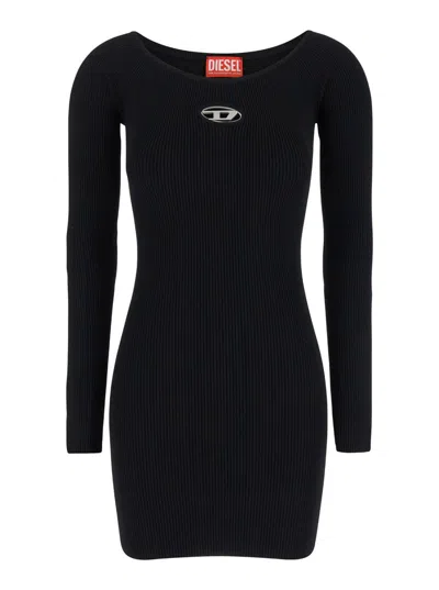 Diesel Black U Neck Dress With D-logo In Ribbed Fabric Woman