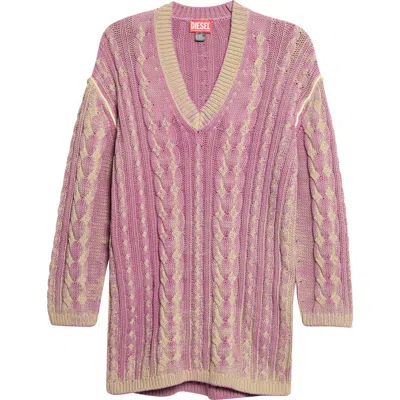 Diesel ® Bleached Long Sleeve Cotton Blend Cable Sweater Dress In Pink
