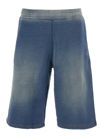 DIESEL BLUE BERMUDA PANTS WITH OVAL D LOGO EMBROIDERY ON THE FRONT AND DISTRESSED EFFECT IN DENIM MAN