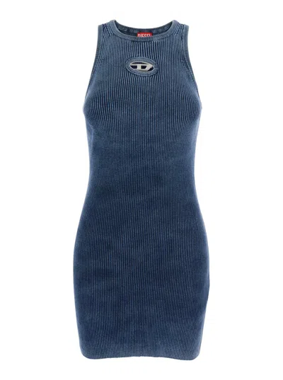 Diesel Women Blue Crewneck Sleeveless Dress With Cut-out Logo On The Front In Cotton Woman In Multi