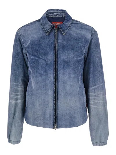 DIESEL BLUE JACKET WITH CLASSIC COLLAR AND DISTRESSED EFFECT IN FABRIC MAN