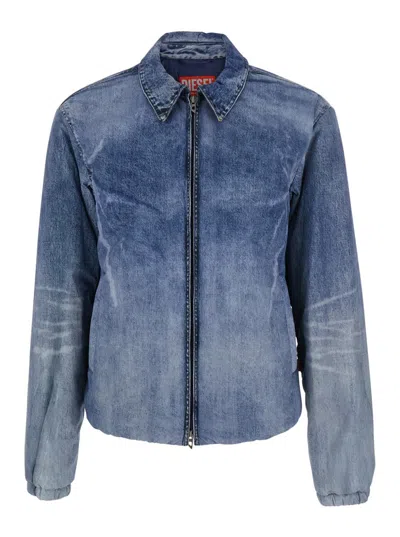 DIESEL BLUE JACKET WITH CLASSIC COLLAR AND DISTRESSED EFFECT IN FABRIC MAN