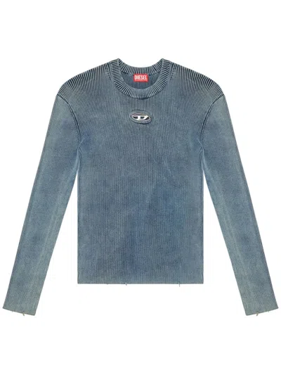 Diesel Ribbed Cotton Sweater With Frontal Oval-d Logo In Blue