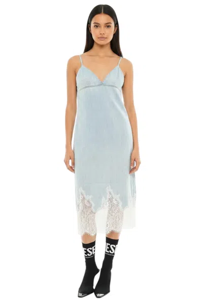 Diesel Blue Solid V Neck Midi Dress In Metallic