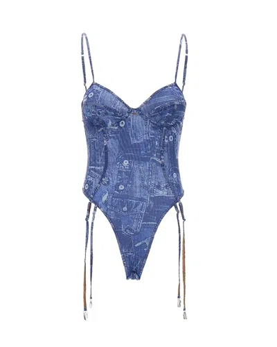 Diesel Lingerie Set Denim Print Sheer Back Cutout In Black
