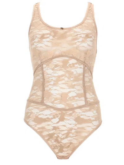 Diesel Nylon Bodysuit With Lace Design In White