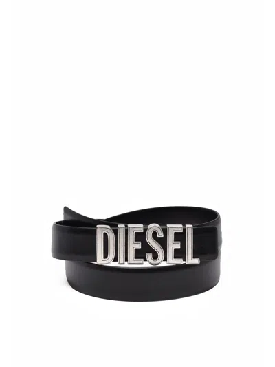 Diesel Bold Black Leather Belt With Striking Metallic Buckle