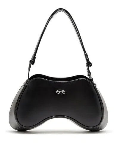 Diesel Play-semi Gloss Leather Shoulder Bag In Black
