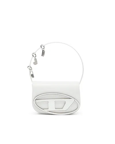Diesel Structured White Leather Shoulder Bag With Flap Closure And Charms In Transparent