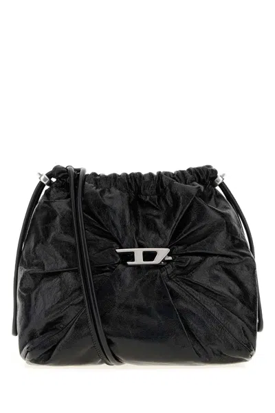Diesel Women Black Leather Scrunch-d Bucket Bag In White