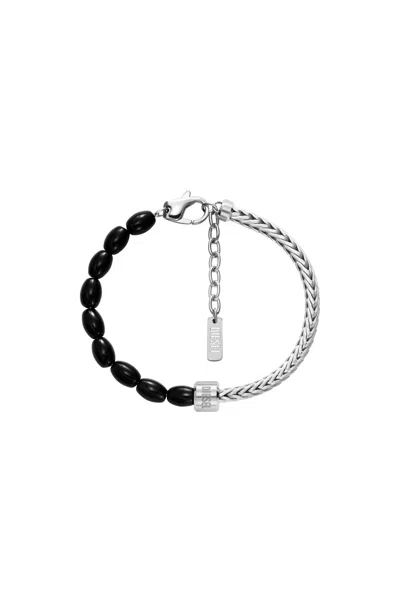 Diesel Bracelet En Perles D'agate Noire In Silver