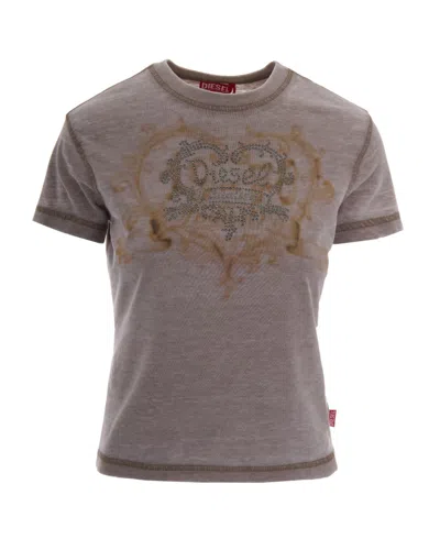 Diesel Slim Fit Cotton T-shirt With Front Rhinestone Logo In Brown