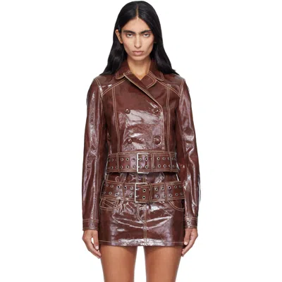 Diesel Brown Large Belt Patent-leather Jacket In Burgundy