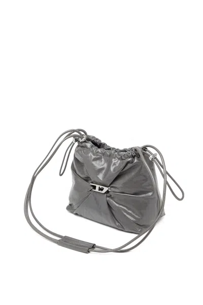 Diesel Bucket Bag In Shiny Wrinkled Leather In Grey