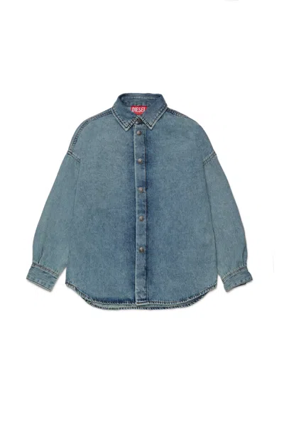 Diesel Kids' Camicia In Denim Marmorizzato Con Maxi Logo Oval D In Blue