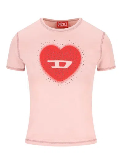 Diesel Women Pink Crew Neck T-shirt With Front Print And Beaded Details In Cotton Woman In Gold