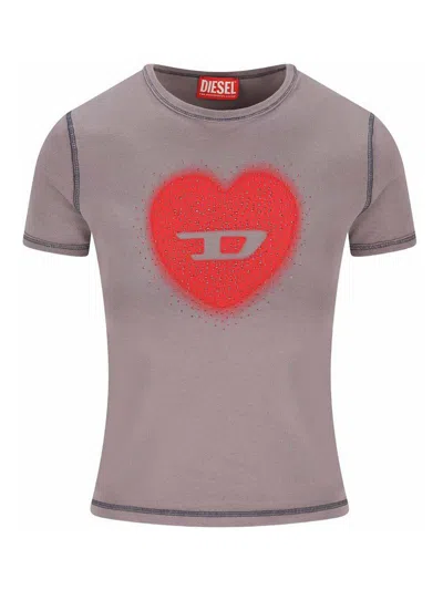 Diesel Slim T-shirt With Heart Print And Studs In Gray