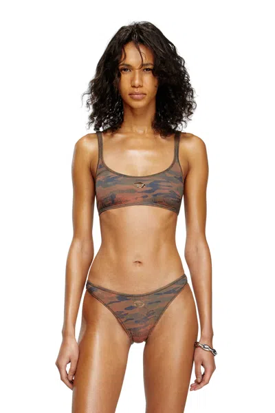 Diesel Camo Bikini Top With Cut-out Logo In Brown
