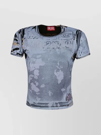 Diesel Camo Crew Neck Graphic Print Short Sleeve Top In Blue