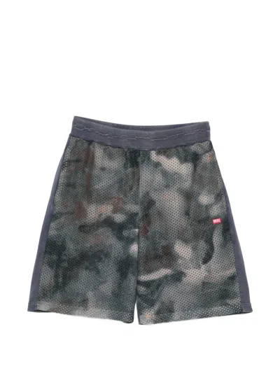 Diesel Camouflage Mesh Shorts Elastic Waistband Pockets In Gray