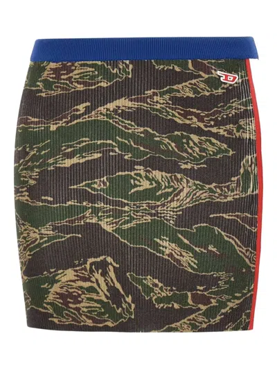 Diesel Camouflage Rib-knit Skirt In Green