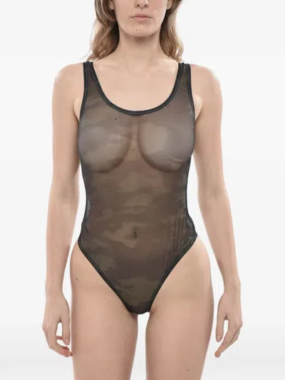 Diesel Camouflage-print Mesh Bodysuit In Black