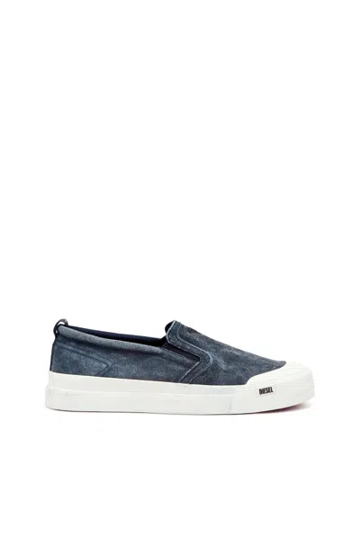 Diesel Canvas Slip-on Sneakers With D Embroidery In Blue