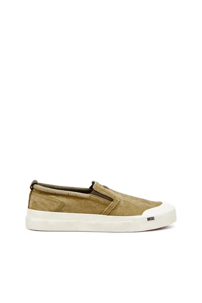 Diesel Canvas Slip-on Sneakers With D Embroidery In Brown