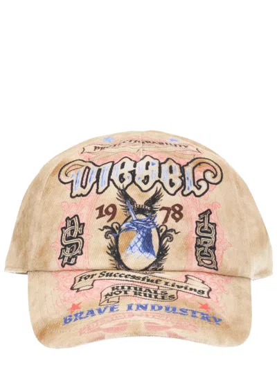 Diesel Beige Graphic Baseball Hat In Brown