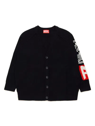 Diesel Kids' Logo-intarsia Wool Cardigan In Black