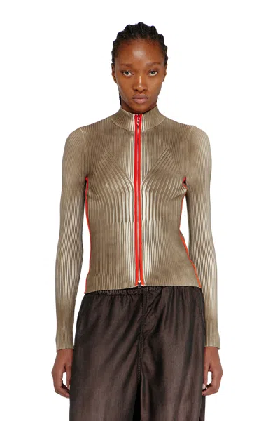 Diesel Cardigan Zippé Côtelé Avec Bandes Contrastantes In Brown