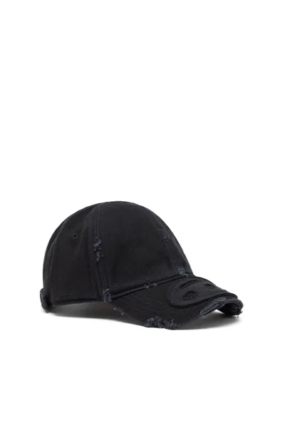 Diesel Cotton Twill Cap With Distressed Details In Black