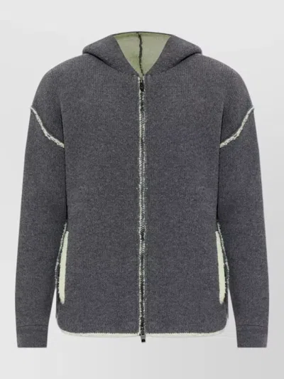 Diesel Textured Knit Jacket With Hood And Contrasting Seams In Gray