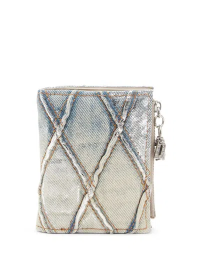 Diesel Charm D- Bi-fold Zip Ii Denim Wallet In Silver