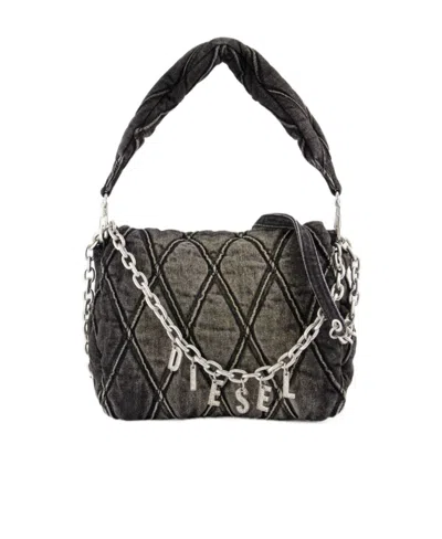 Diesel Charm-d Quilted Washed Denim Tote Bag In Black