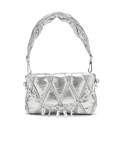 Diesel Charm-d Quilted Clutch Bag In Silver