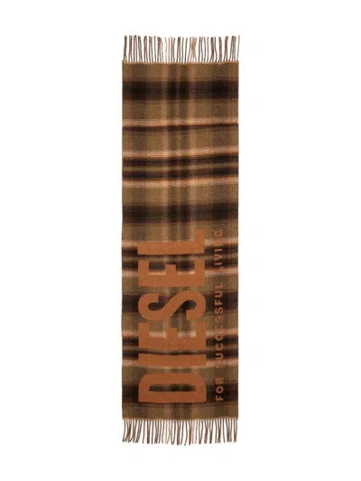 Diesel Check-pattern Fringed-edge Scarf In Brown