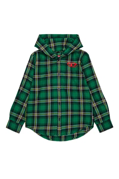 Diesel Kids' Checked Shirt With Logo In Green