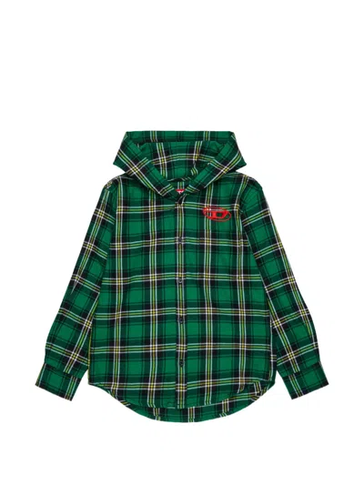 Diesel Kids' Check-pattern Hooded Shirt In Green